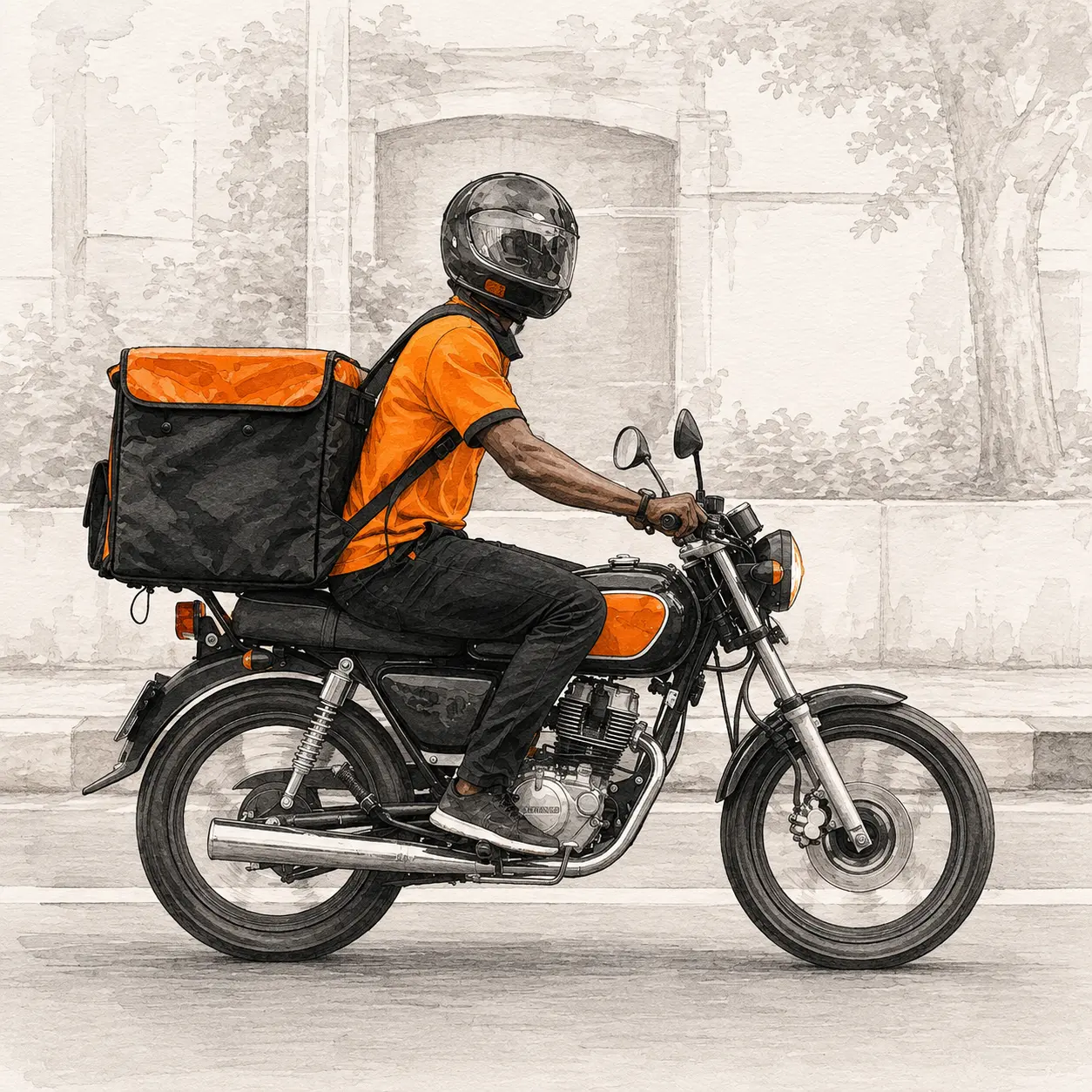 Illustrated ced. rider travelling through the city